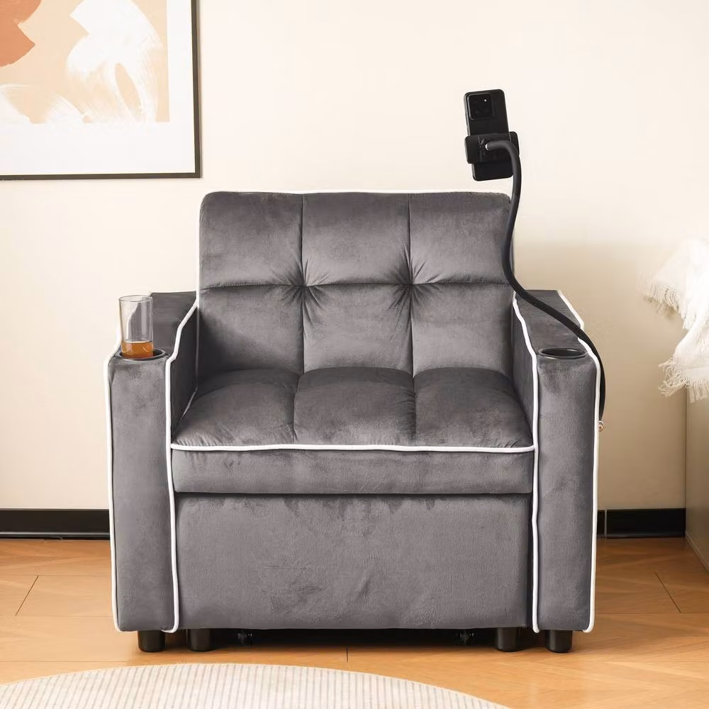 BTM 3 in 1 Recliner Sofa Bed with Drink and Phone Holder in Grey Velvet Fabric – 5