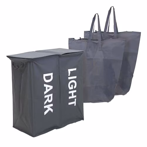 Libbi Lou Two Section Double Laundry Hamper with Removable Bags, Grey, W/D/H: 59 x 39 x 65 cm