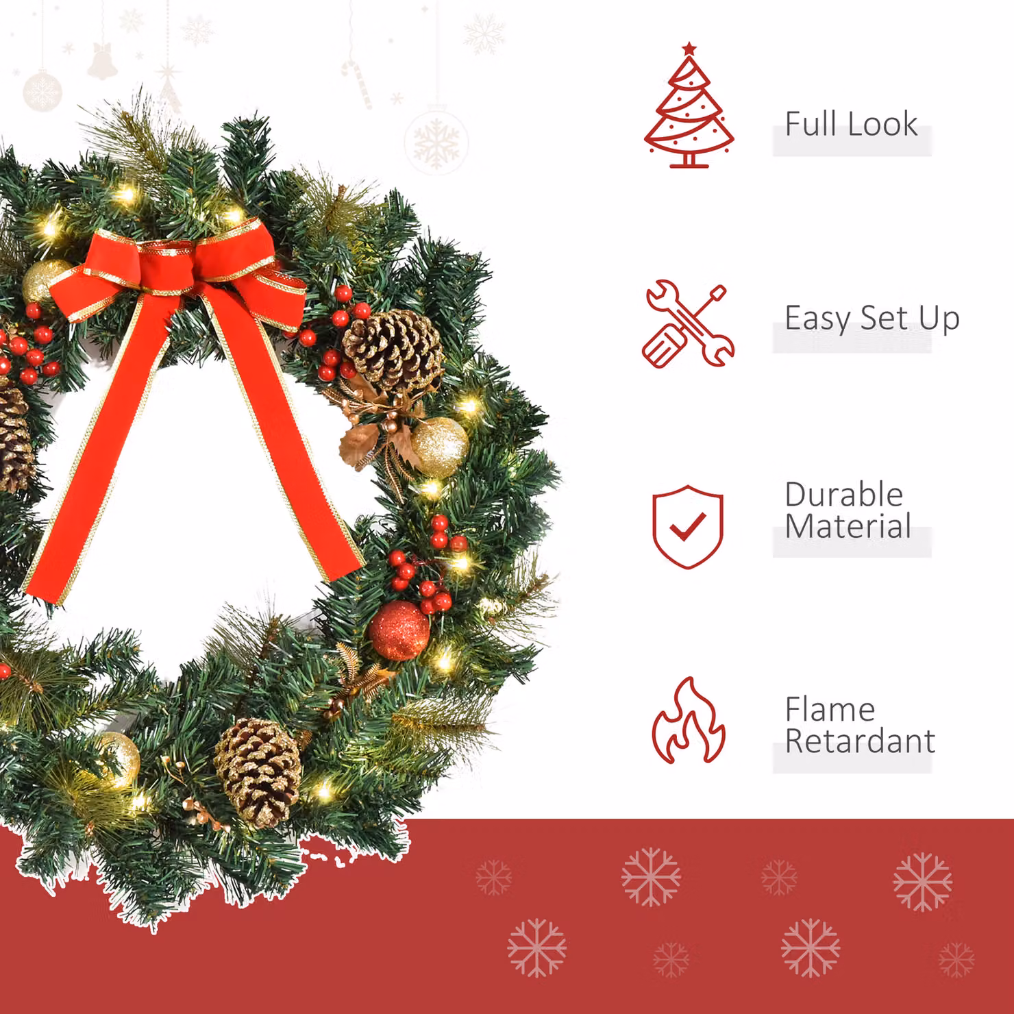 HOMCOM Christmas Door Wreath in Green, Red and Gold, Diameter: 60 cm – 3