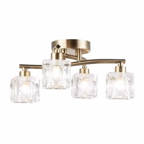 Happy Homewares Modern 4-Bulb Ceiling Light in Antique Brass with Transparent Square Ice Cube Glass Shades, W/D/H: 35 x 35 x 35 cm