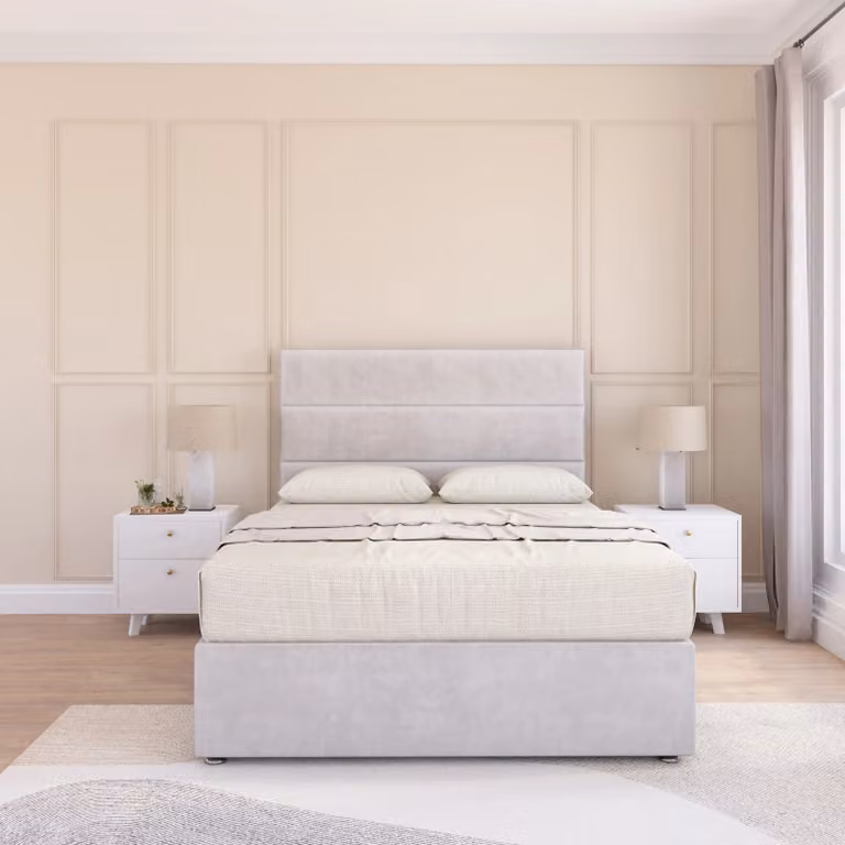 Sloomy Texas Super King Divan Bed Base and 26 inch Struts Headboard in Silver Striped Fabric, W/D/H: 200 x 200 cm