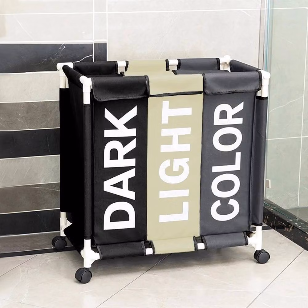 EONLION Foldable 3-Section Laundry Hamper Storage Bags in Black, Collapsible with Wheels, Height: 100 cm – 2