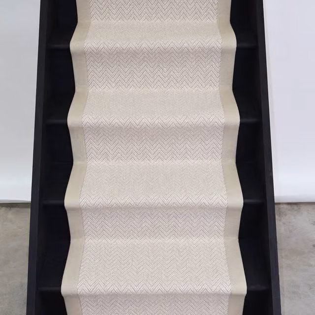 RainbowHome Savoy Herringbone Wool Stair Runner with Sand Cotton Border in Beige