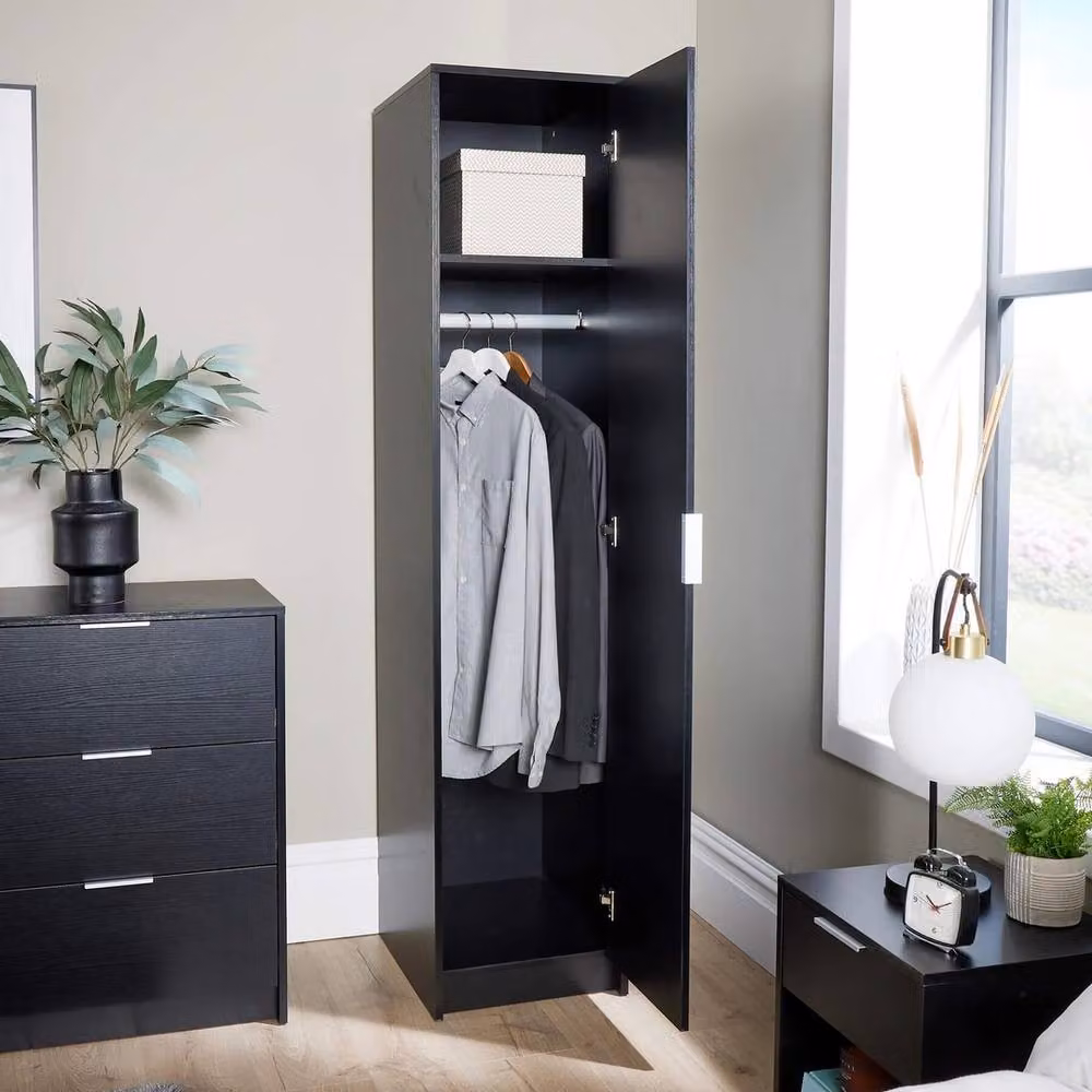 FORGEVIO Modern Black Lacquered Wardrobe with Hinged Doors, Hanging Rod and Internal Shelves – 3