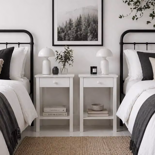 Wyld Haus Maco Set of 2 White Wooden Bedside Tables with Drawer and Bottom Shelf, W/D/H: 39 x 39 x 61 cm