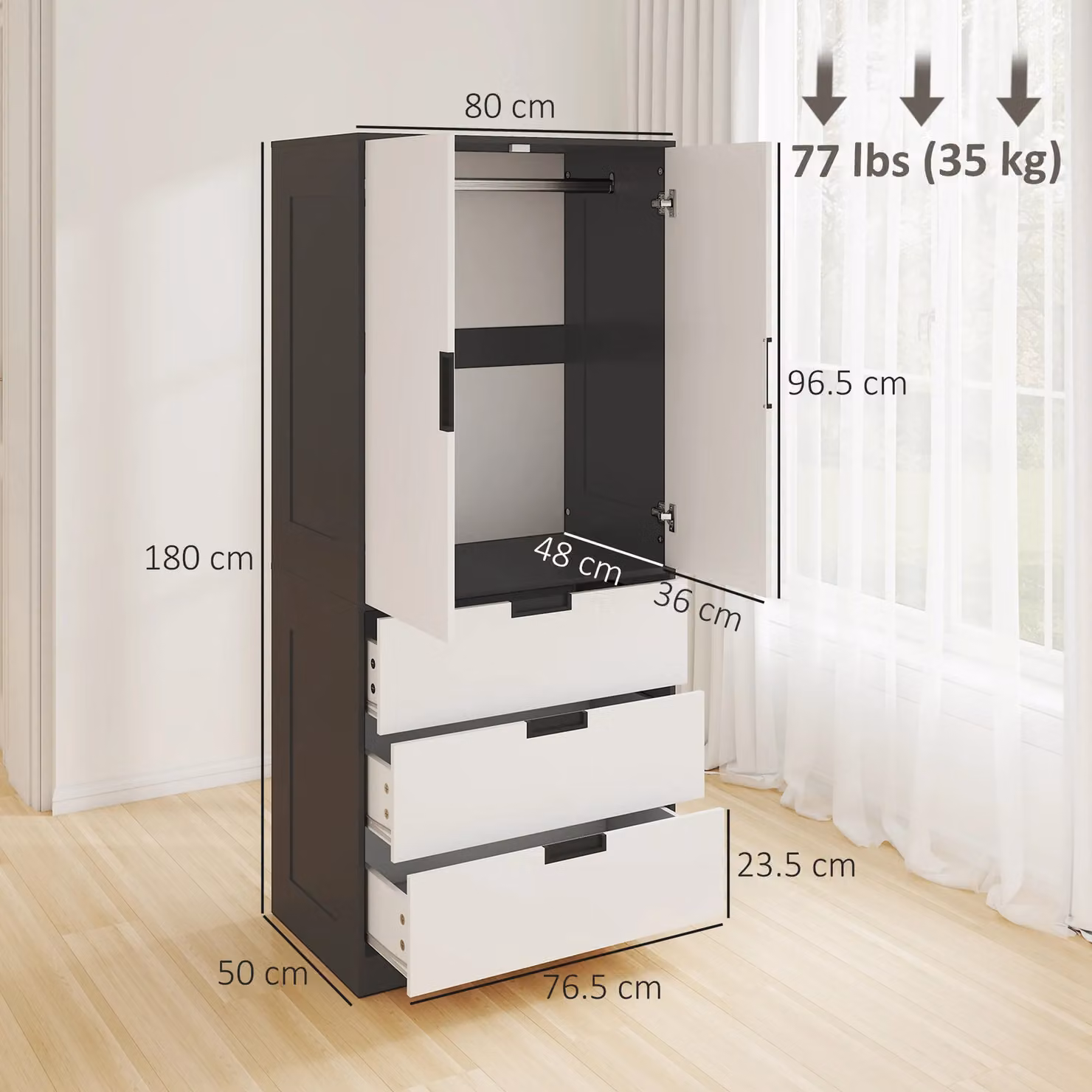 HOMCOM Modern 2 Door Wardrobe with 3 Internal Drawers and Hanging Rod in Mixed Colours – 3
