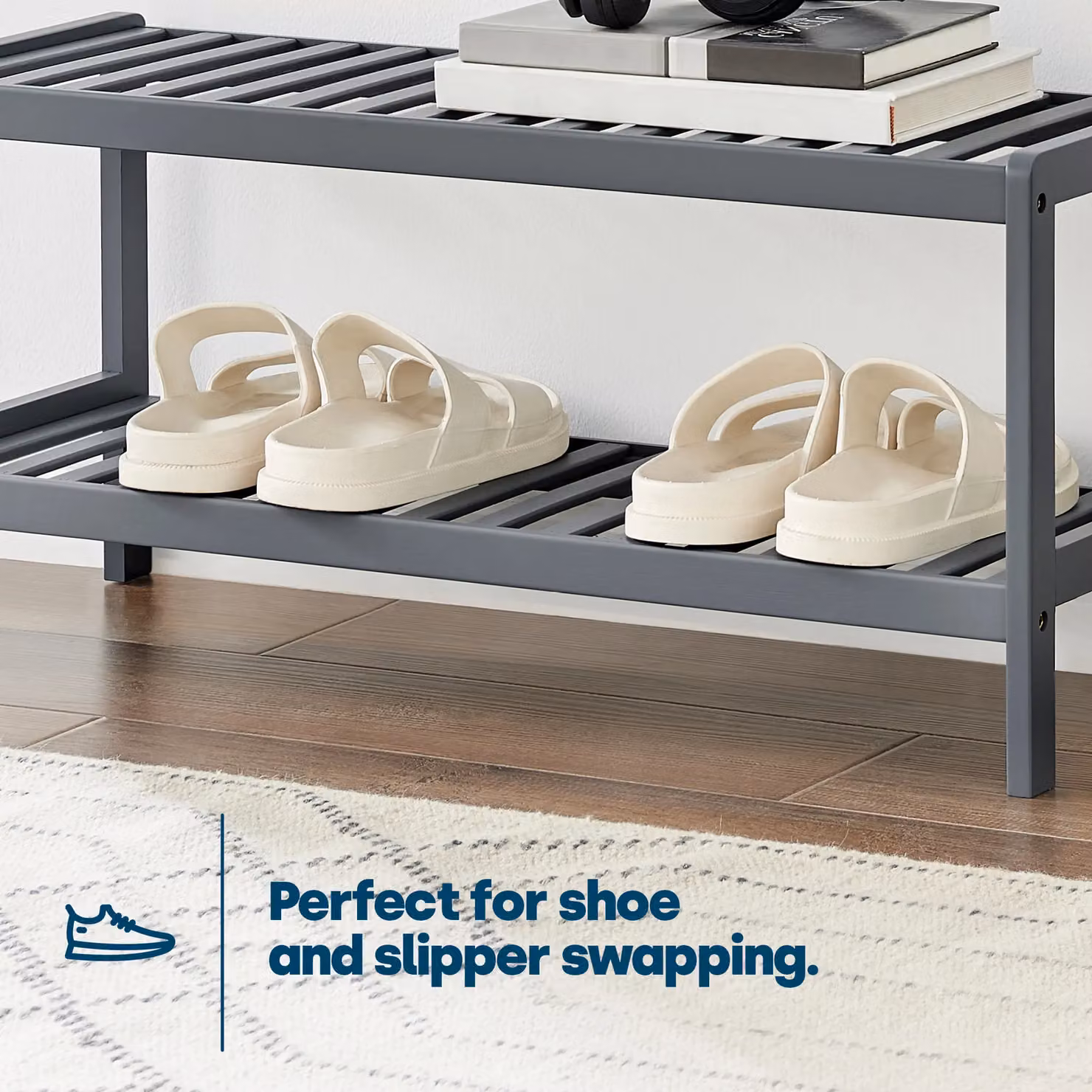 LIVIVO Grey Bamboo 2-Tier Shoe Rack Storage Bench – 3