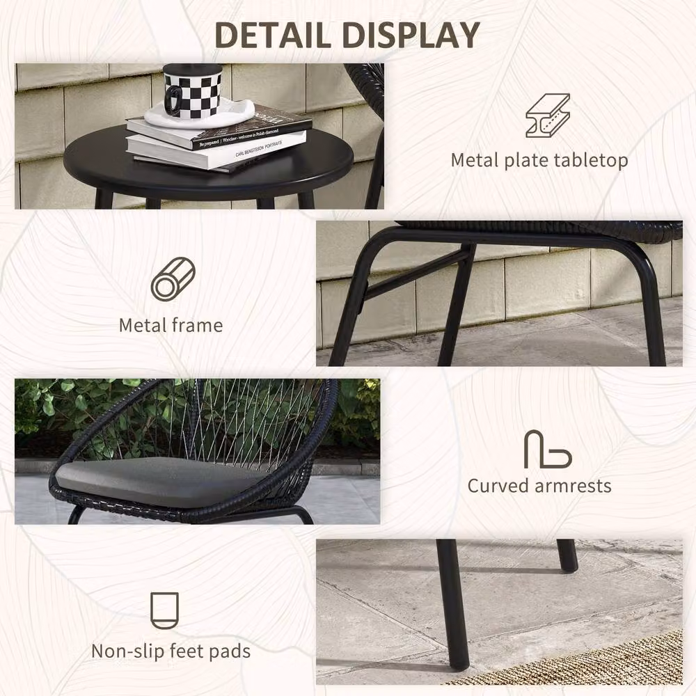 ERGOVEXA Three-Piece Black Rattan Bistro Set for Garden and Balcony – 7