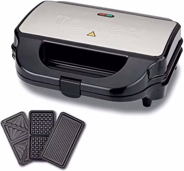 Tower 3-in-1 Deep Fill Sandwich Maker in Silver and Black with Removable Ceramic Plates and Auto Shut-off
