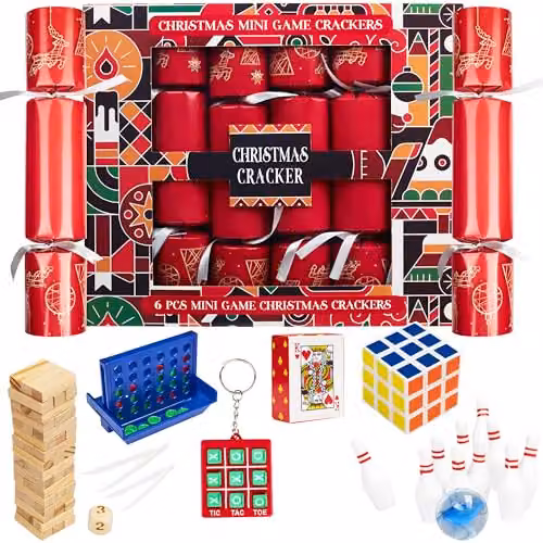 KreativeKraft Christmas Crackers Pack of 6 with Mini Games or Wind Up Toys in Red and Multicolour