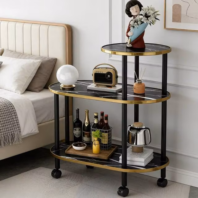 Ventryn Black 3-Tier Oval Marble Coffee Table with Castors – 1