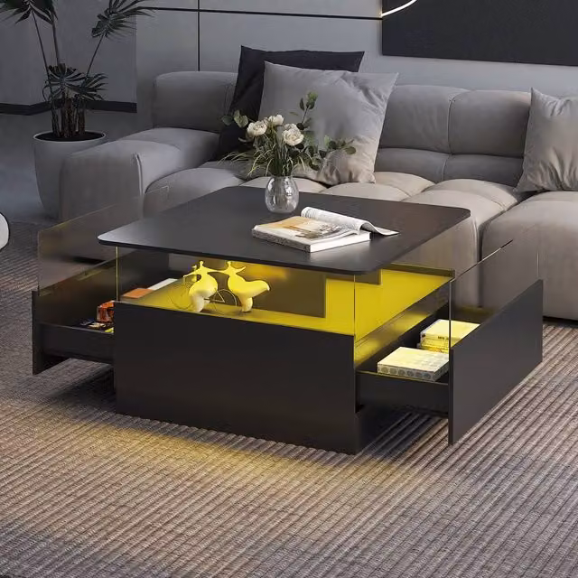 KEEPREAPER Modern Black Coffee Table with 2 Drawers and LED Light