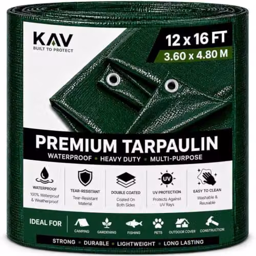 KAV Heavy Duty Waterproof Tarpaulin with Eyelets, Green, W: 4.80 m, D: 3.60 m – 1