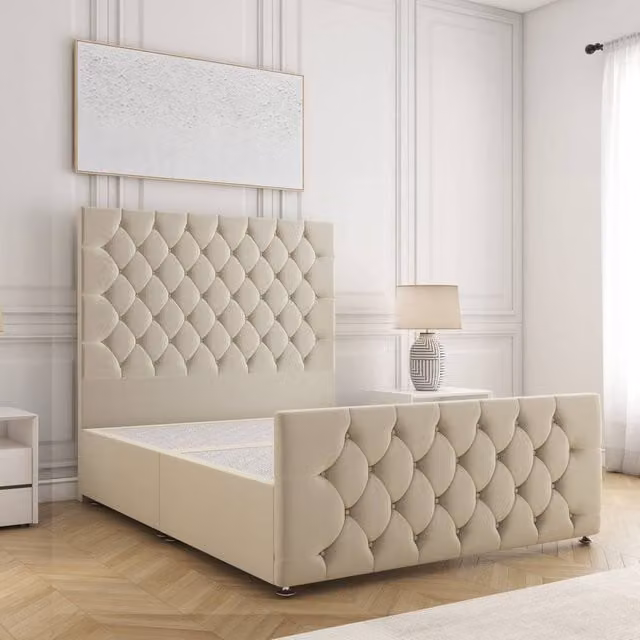 BSSPOKE Maya Divan Bed Set with 54 inch Headboard in Beige Plush Velvet, King Size W/D/H: 180 x 200 cm