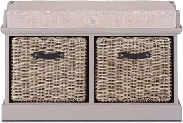 Tetbury Bench with 2 Washable Rattan Baskets in Truffle, W/D/H: 76 x 40 x 46 cm