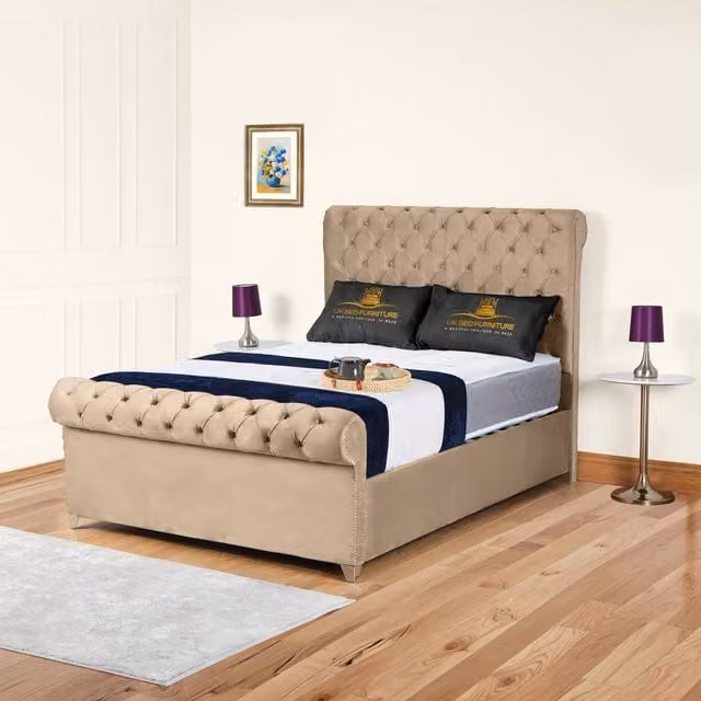 UK Bed Furniture Chesterfield Sleigh Ottoman Bed in Beige, Super King Size – 1