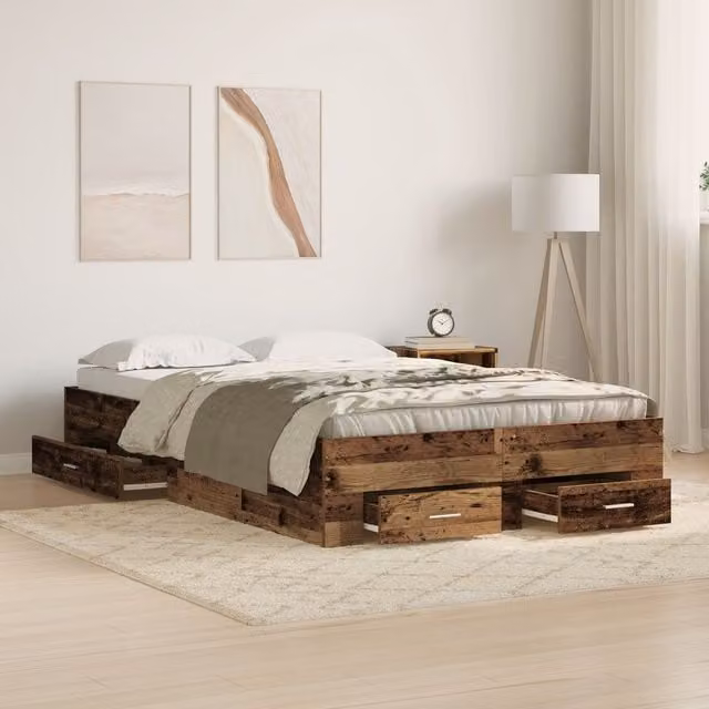 Berkfield Home Bed Frame with Drawers in Brown Old Wood, W/D/H: 120 x 200 cm