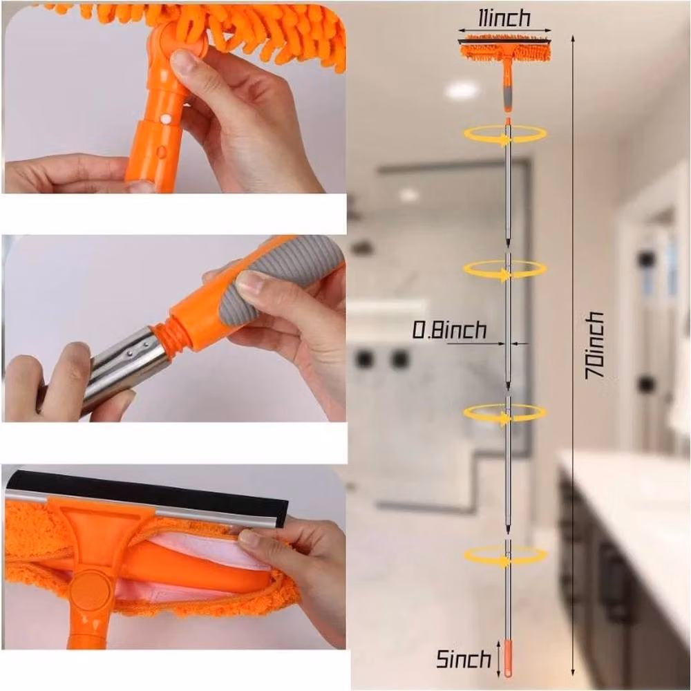 Kelvenix Orange Telescopic Extendable Window Cleaner with Squeegee, Scraper and Microfibre Refillable Head – 2