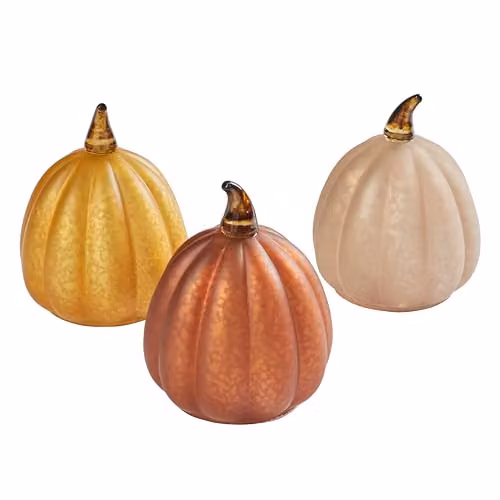 Lights4fun Set of 3 Mottled Glass Decorative LED Pumpkin Lights in White and Orange for Autumn and Halloween Tabletop Decoration – 4