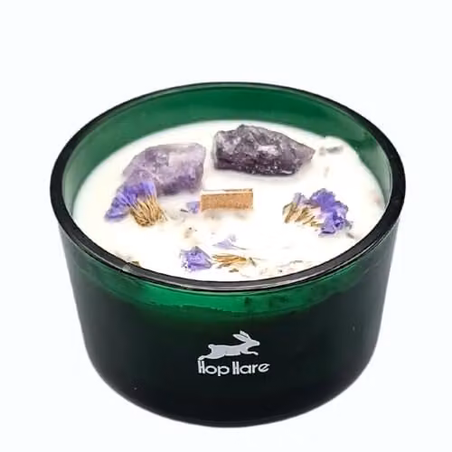 Ancient Wisdom Hop Hare The Moon Magic Candle with Flowers and Gems in Purple, Handmade Soy Wax, 9 x 5 cm