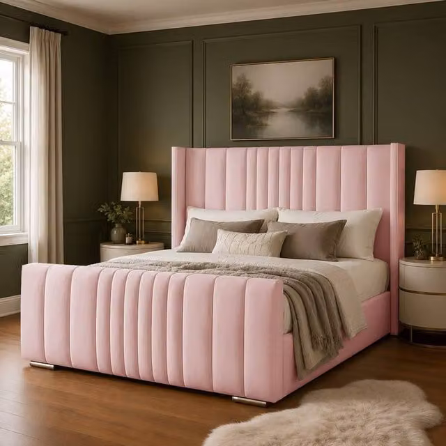 Desire Deco Luxury Austin Wingback Panel Bed Frame in Pink Velvet, Size: 180 x 200 cm
