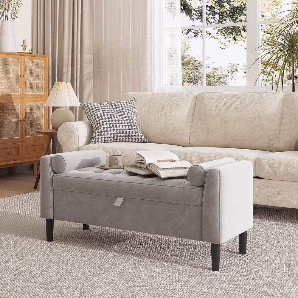 London Boutique Velvet Upholstered Storage Ottoman Bench in Light Grey – 5