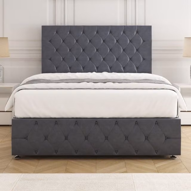 BSSPOKE Mulberry Chesterfield Divan Bed with Plush 24 Inch Headboard and Footboard in Anthracite Grey, W/D/H: 120 x 200 cm