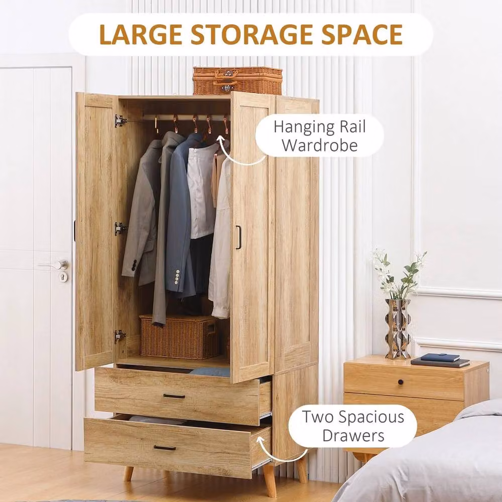 Havendro Modern 2 Door Wardrobe with 2 Drawers in Natural Brown and Beige, H 180 x W 80 x D 54 cm – 4