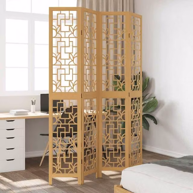Berkfield Home 4-Panel Room Divider in Light Tan Brown Solid Paulownia Wood – 1