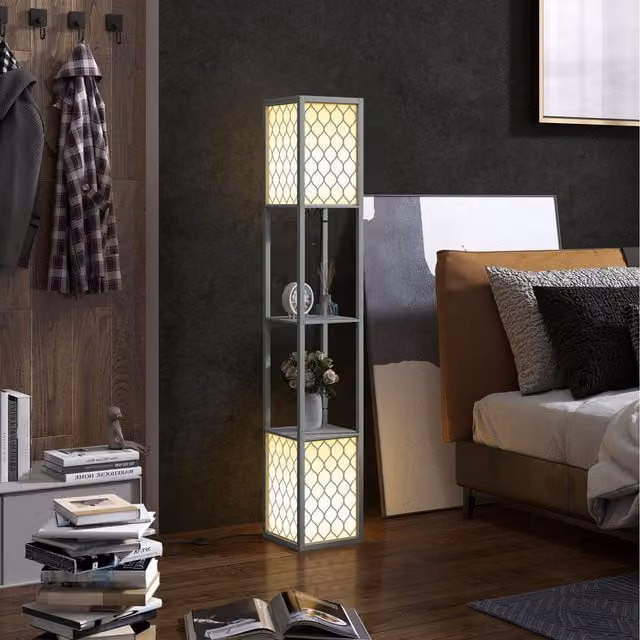 HOMCOM Modern 2 Lights Floor Lamp with Shelves in Grey