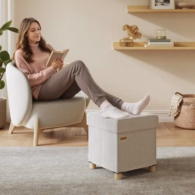 The Bazaarist Folding Velvet Storage Ottoman and Cube Footrest with Lid in Cappuccino Beige, W/D/H: 40 x 40 x 38 cm