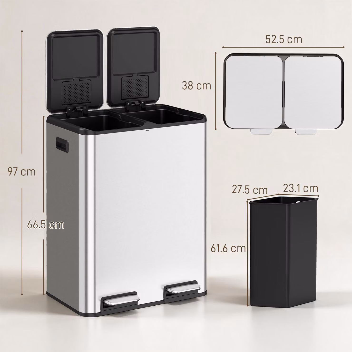 HOMCOM Double Kitchen Bin, 2 x 30L Stainless Steel Pedal Rubbish Bin with Dual Compartments, Soft Close Lids and Odour Filter, Silver Tone – 3
