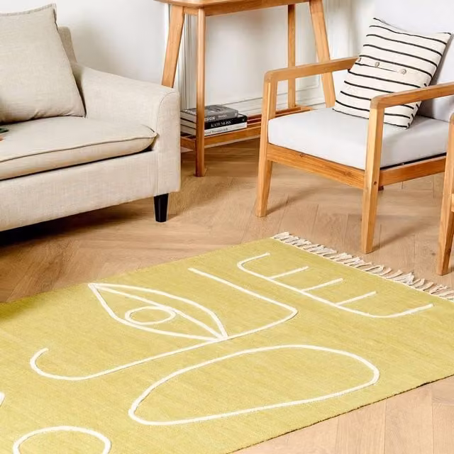 Wyld and Coco Yellow Abstract Pattern Polyester Handwoven Rug with Fringes, W/D: 140 x 200 cm