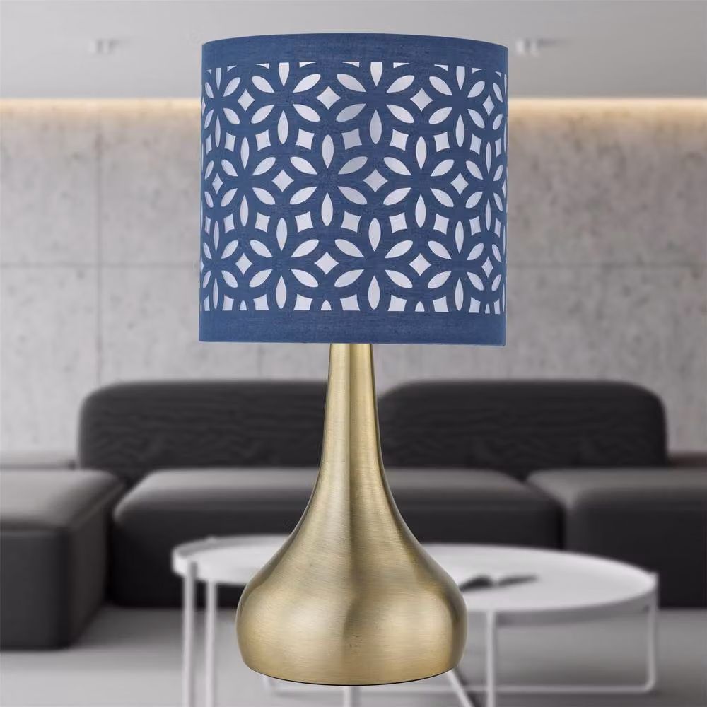 First Choice Lighting Romana Antique Brass Touch Table Lamp with Navy Blue Laser Cut Shade in Bronze – 3