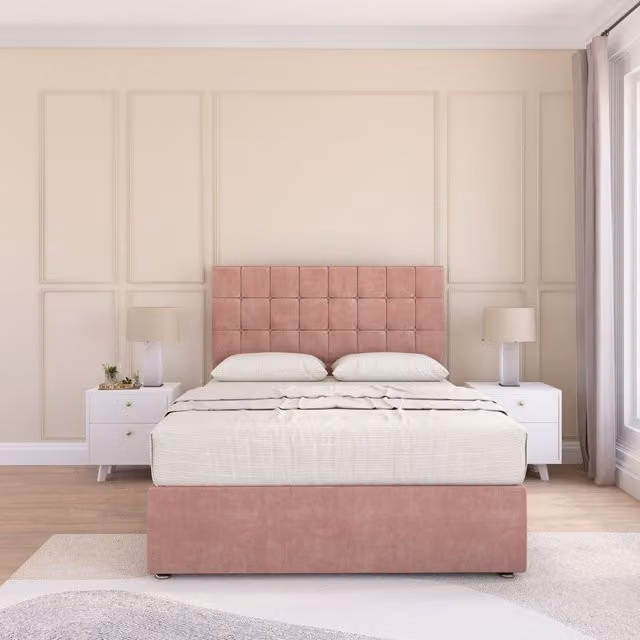 Sloomy Alabama Plush Bed Set with Mattress and 26 inch Headboard in Pink, Super King, W/D/H: 200 x 200 cm