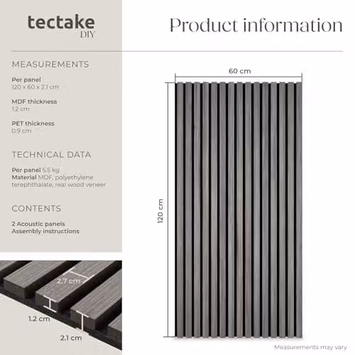 tectake Set of 2 Acoustic Wall Panels with Real Wood Veneer and MDF, Sound-Absorbing Wood Slats with Felt Fabric, Light Grey Oak, W: 120 cm, H: 60 cm, D: 2.1 cm – 5