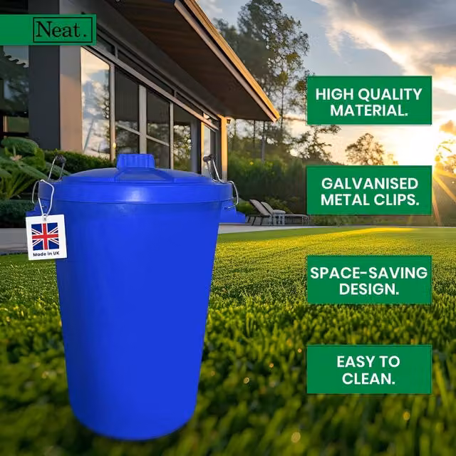 Neatt 90L Heavy Duty Plastic Kitchen and Garden Bin with Metal Handle and Lid, Dark Blue