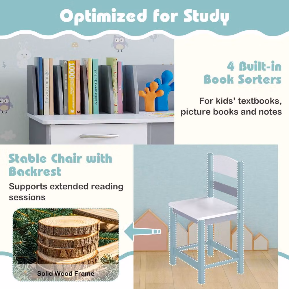 Costway Kids Wooden Study Desk and Chair Set in Grey – 4