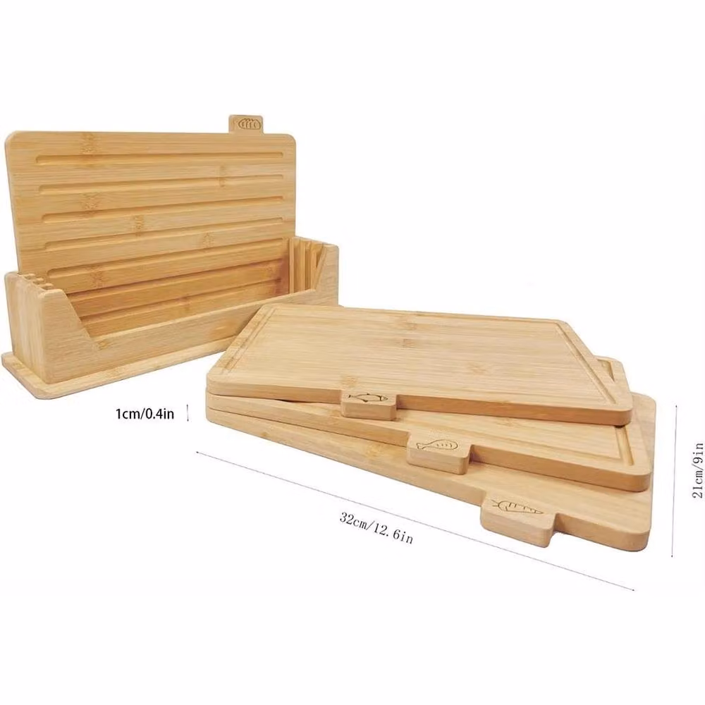 VOGREX 4 Pack Rectangular Bamboo Chopping Boards with Storage Rack, Beige, 1cm Thick – 3