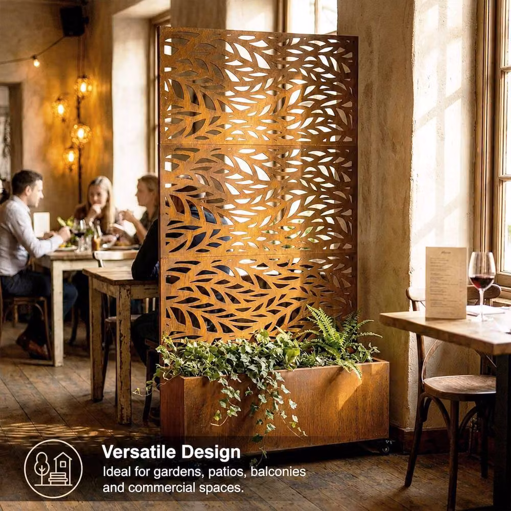 Nicoman Metal Indoor Outdoor Privacy Screen with Plant Pot, Leaf Pattern, Bronze, H 180 x W 90 cm – 3