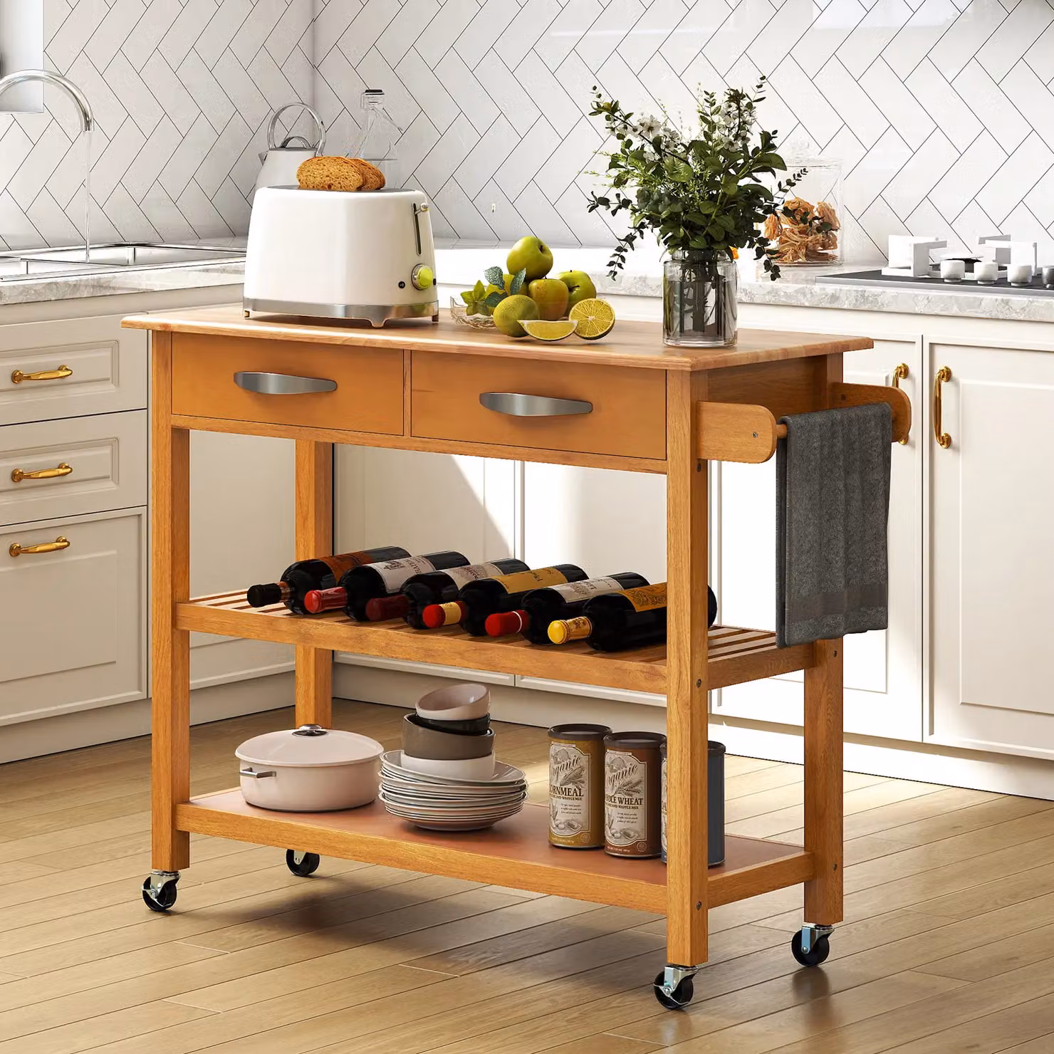 Costway 3-Tier Rolling Kitchen Island Utility Cart with 2 Drawers in Brown – 3