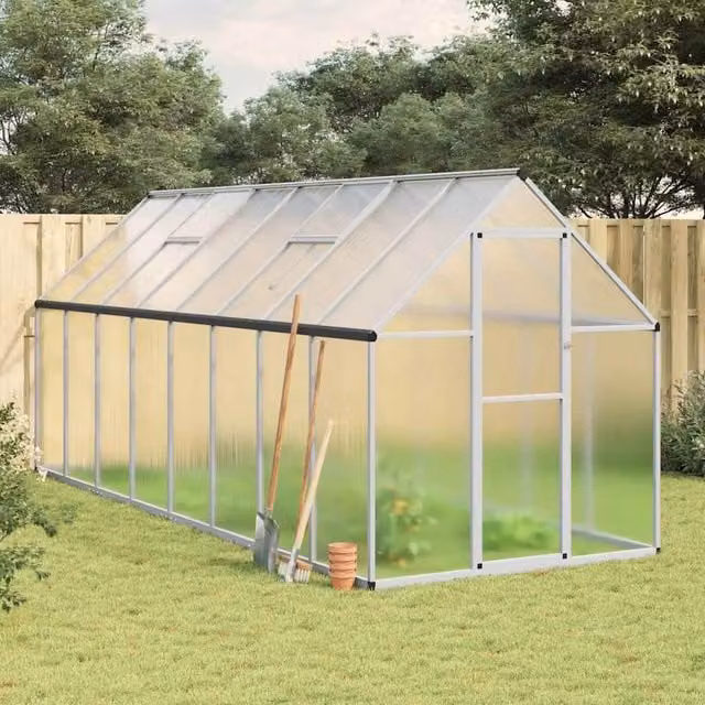 Berkfield Home Aluminium Greenhouse with Polycarbonate Panels and Base Frame, Silver, W: 445 cm, D: 169 cm, H: 195 cm – 1