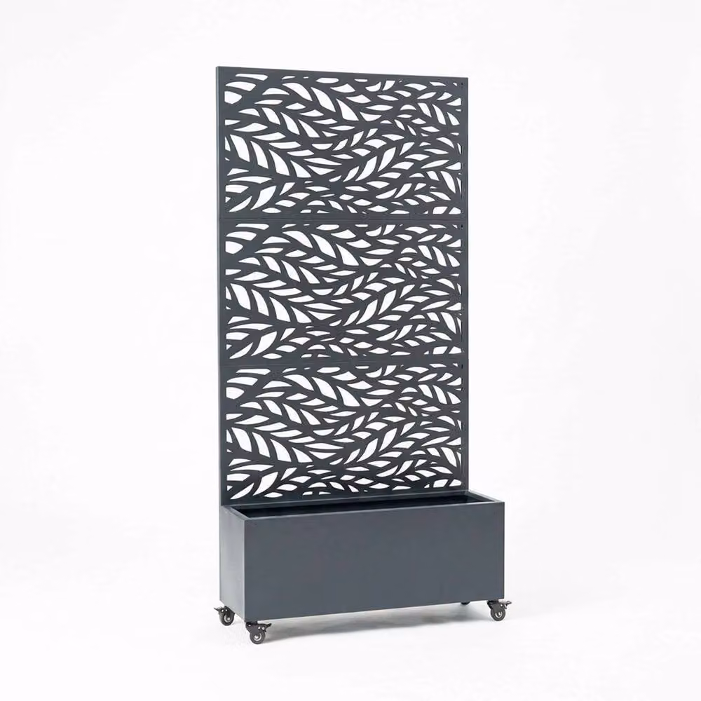 Nicoman Metal Indoor Outdoor Privacy Screen with Plant Pot, Leaf Pattern, Grey, H 180 x W 90 x D 40 cm – 2
