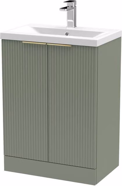 Balterley Satin Green Fluted Freestanding Floor Standing Bathroom Vanity with Brushed Brass Details, W: 60 cm, H: 85 cm – 1