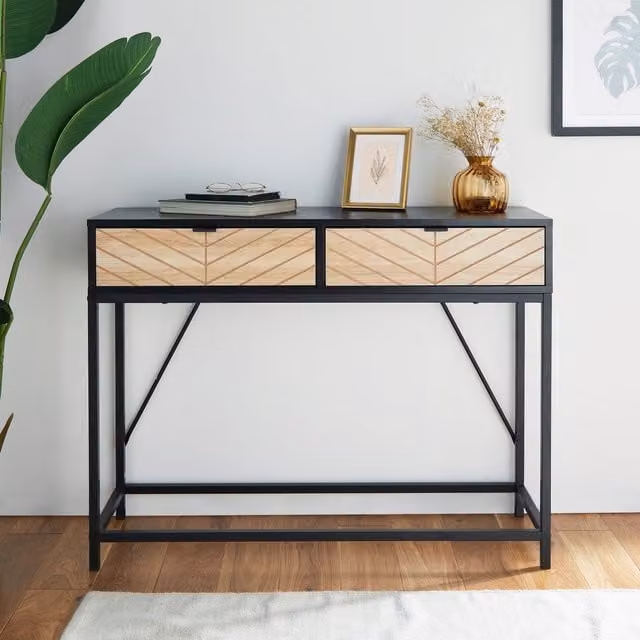 VonHaus Dalton 2 Drawer Chevron Design Hallway Console Table, Black, W: 100 cm, D: 35 cm, H: 76.5 cm – 1