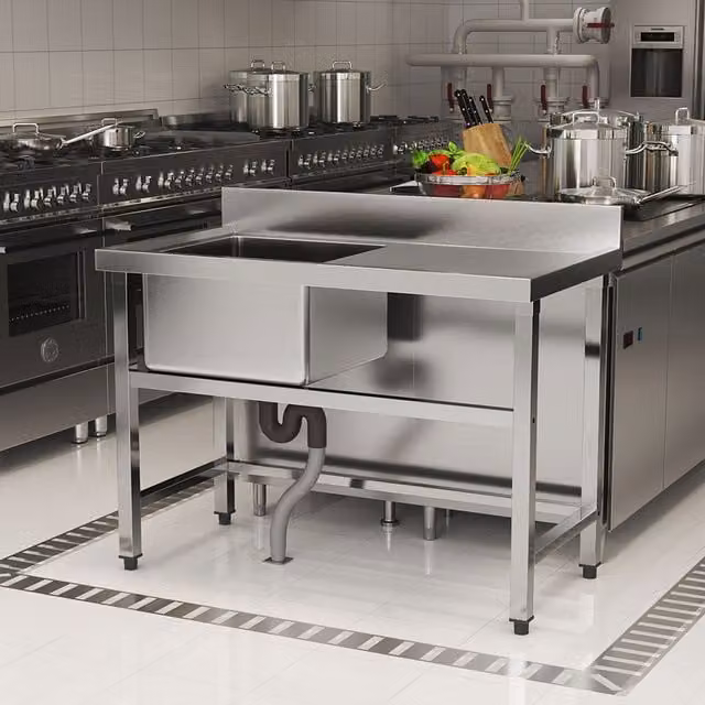 Livingandhome Stainless Steel Commercial Kitchen Sink and Single Bowl Handbasin Prep Table in Silver