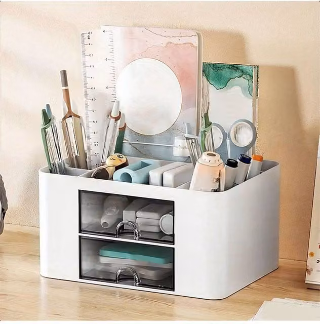 Living and Home Plastic Multi-Compartment Desktop Storage Organiser Box with Drawers, White