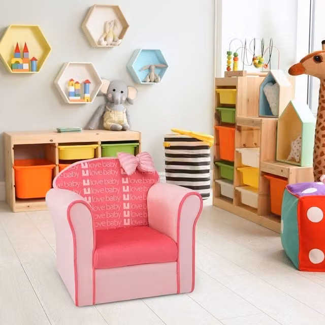 Costway Pink Velvet Upholstered Childrens Armchair with Armrests