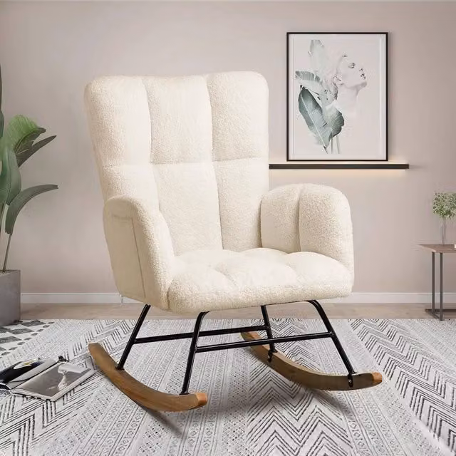 VOGREX High Back Rocking Nursing Armchair Lounge Chair in Cream Bouclé with Metal Frame – 1