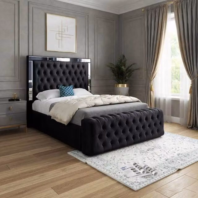 KDMD Wimborne Single Mirror Upholstered Designer Bed Frame in Black Soft Velvet